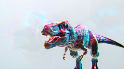 3D Holographic Virtual Reality Red and Blue T-Rex Dinosaur Predator Isolated On White Background (Generative AI)