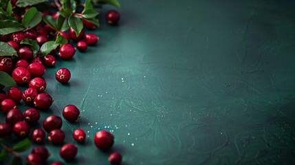 Fresh and sweet cranberries whith leaves on a dark turquoise green background. Top view and copy space