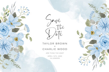save the date with light soft blue watercolor floral frame