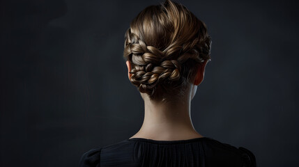 Elegant woman seen from behind showcasing a stylish braided hairstyle against a dark background.