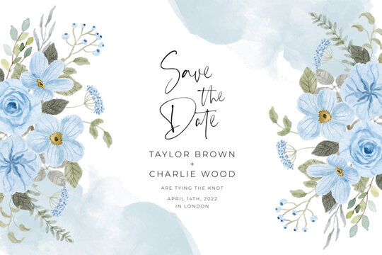save the date with light soft blue watercolor floral frame