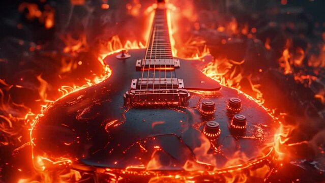 A guitar on fire surrounded by flames, showcasing a blazing inferno consuming the musical instrument.