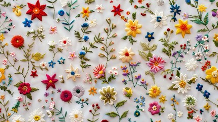 Fototapeta premium Flat surface design, embroidered flowers, lots of small flowers and leaves. 