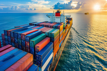 Container ship in ocean at sunset