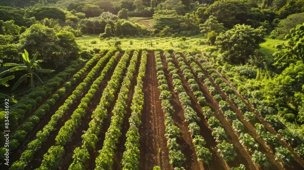 Wall mural a farm boasting a lush green field thanks to a smart irrigation system that utilizes rainwater and r