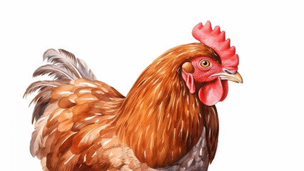 brown chicken face water color illustration side view looking to the right on white background