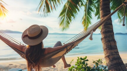 Summer travel vacation concept, Happy traveler woman with hat relax in hammock on beach, Generative AI.