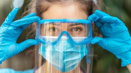 Healthcare professional adjusting protective face shield and mask during pandemic