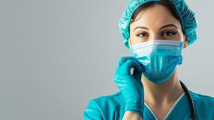 Confident female healthcare worker in surgical mask and scrubs
