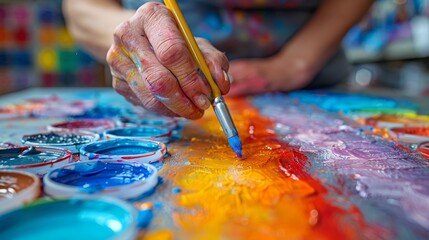 Naklejka premium Close-up of artist's hand painting with bright watercolors on canvas