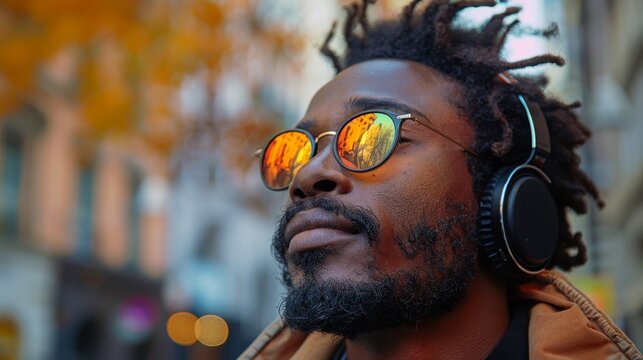 Stylish man with headphones enjoying autumn in the city