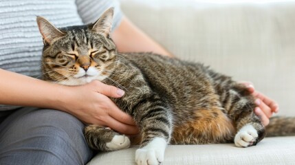 Relaxed tabby cat enjoying a comforting lap on a sofa