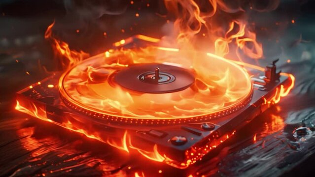 A turntable engulfed in bright, fiery flames emits a sense of intense energy and passion, suggesting a high-powered night performance.