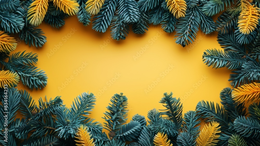 Poster top view of bright yellow background with decorated fir branches frame, creating a d effect with dee
