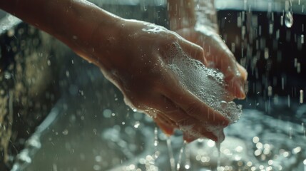 Washing hands under flowing water with soap bubbles