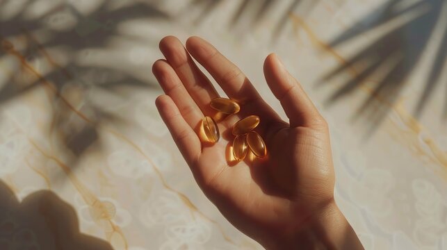 Woman holding omega-3 capsules in sunlight with shadows