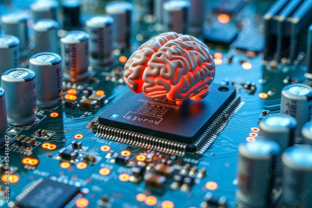 Poster cyber brain digital circuit futuristic technology electronic components advanced interface innovatio