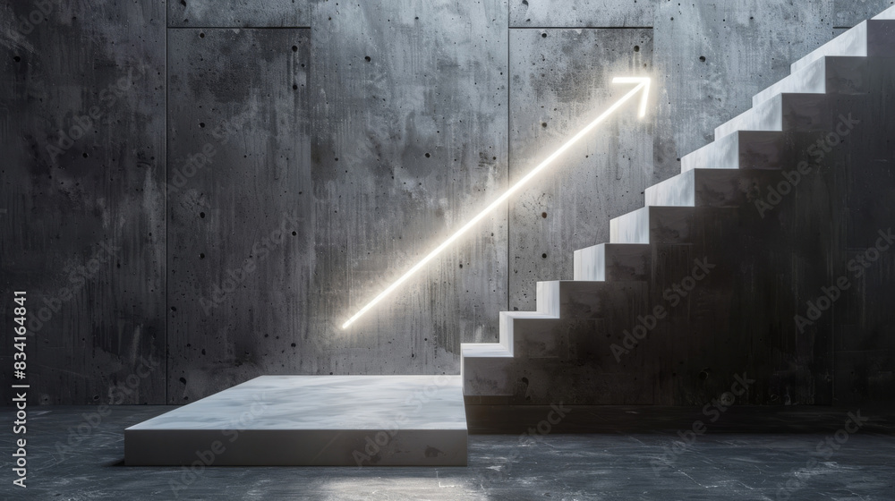 Poster concrete wall and staircase with a glowing neon arrow signifying progress and direction