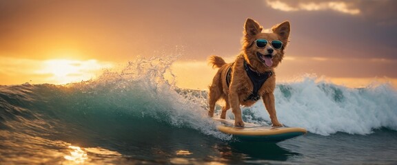 A brown dog with sunglasses stands on a surfboard and rides a wave under a sunset
