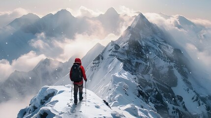 Backpacker Adventure Traveler Out In Nature Exploring Snow Covered Landscape (Generative AI)