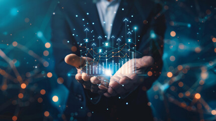 Businessperson with futuristic interactive 3d graphs and digital network connections