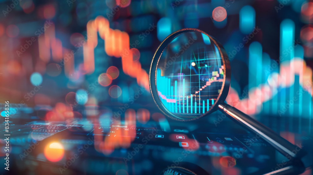 Poster close-up of a magnifying glass over a tablet displaying colorful financial graphs and data analysis