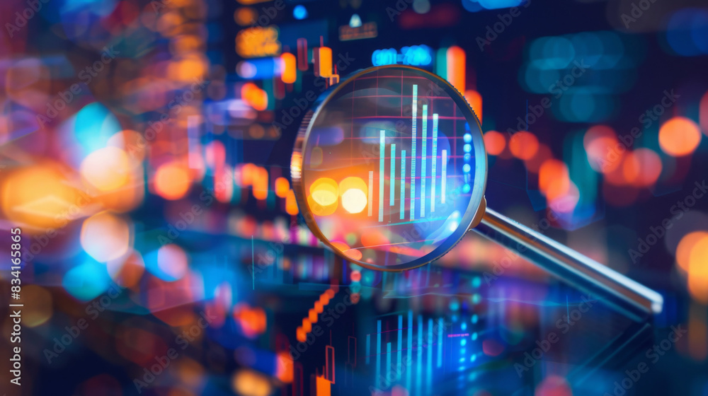Leinwandbilder magnifying glass zooming in on digital financial graphs and charts against a glowing bokeh backdrop