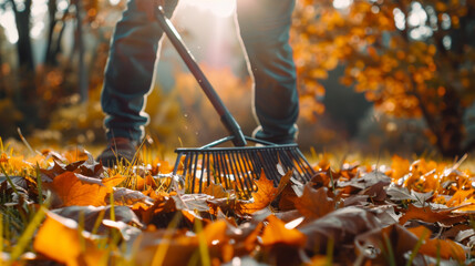 Close up of a man raking and cleaning fall leaves in the yard, an outdoor autumn housework activity concept, on a sunny day, copy space banner mockup - Powered by Adobe