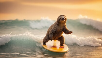 In the warm sunset, a sloth confidently rides a yellow surfboard over ocean waves