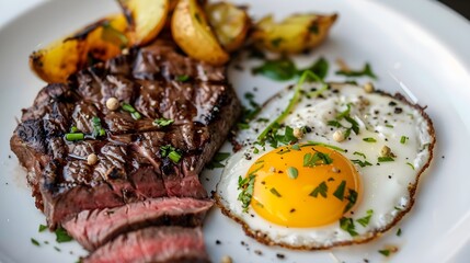 Delicious Sliced Cross Section Steak And Eggs Close Up (Generative AI)