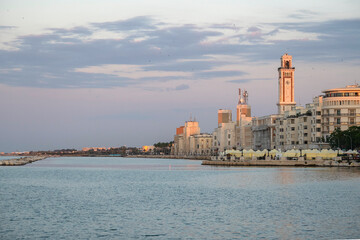 Sunset view of coastal street at city of Bari, Apulia Region, Italy
