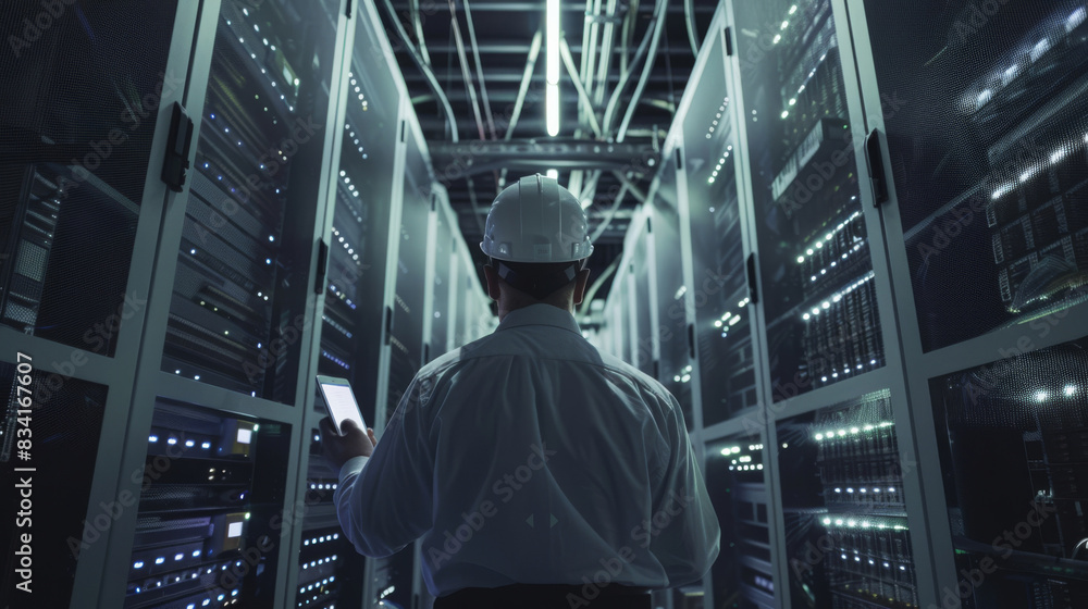 Poster professional engineer in a hard hat inspects servers in a modern data center