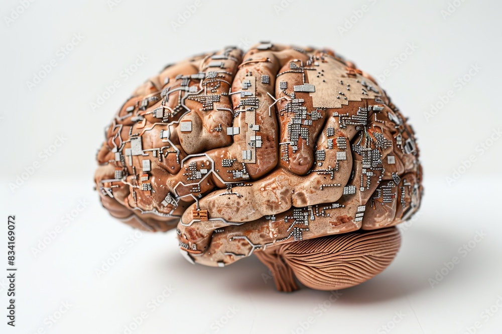 Poster brain with integrated circuitry digital technology futuristic components advanced cybernetic interfa