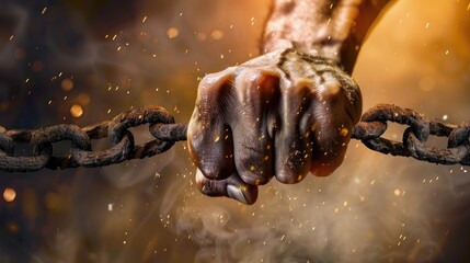 Close-up of hands in chains breaking free, symbolizing liberation and overcoming obstacles
