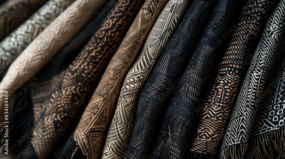 Poster a row of different colored and patterned scarves