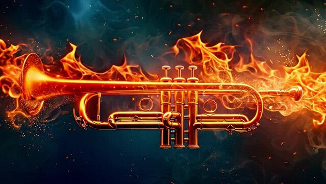 A trumpet engulfed in flames against a black background, creating a dramatic and intense visual.