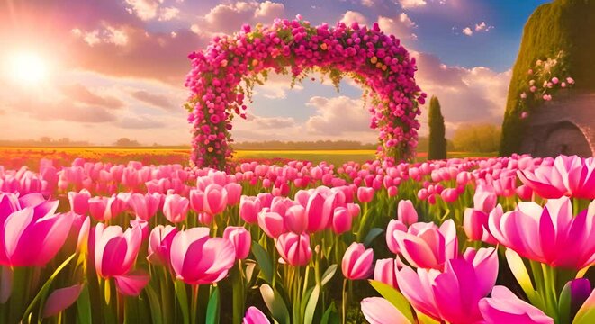 Fantasy pink arch in the middle of a vast field of pink tulips