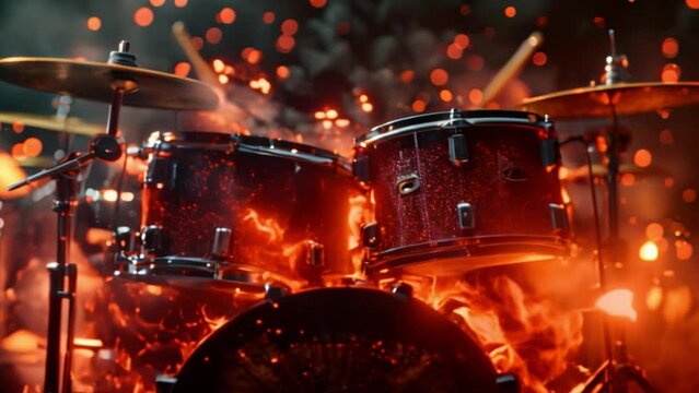 Drum set set alight, blazing in front of an all-black backdrop.