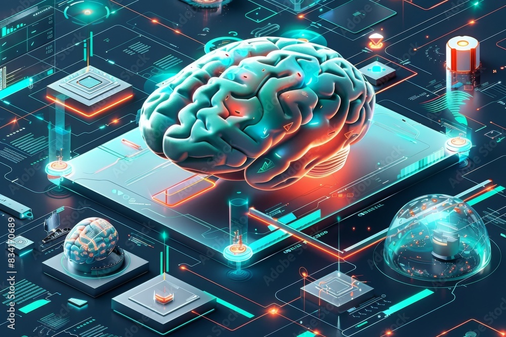 Aufkleber brain digital grid technology futuristic components advanced interface cybernetic ai innovation elec