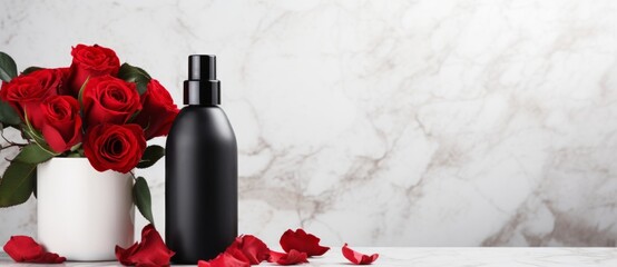 A black bottle of lotion sits next to a vase of red roses on a marble countertop.