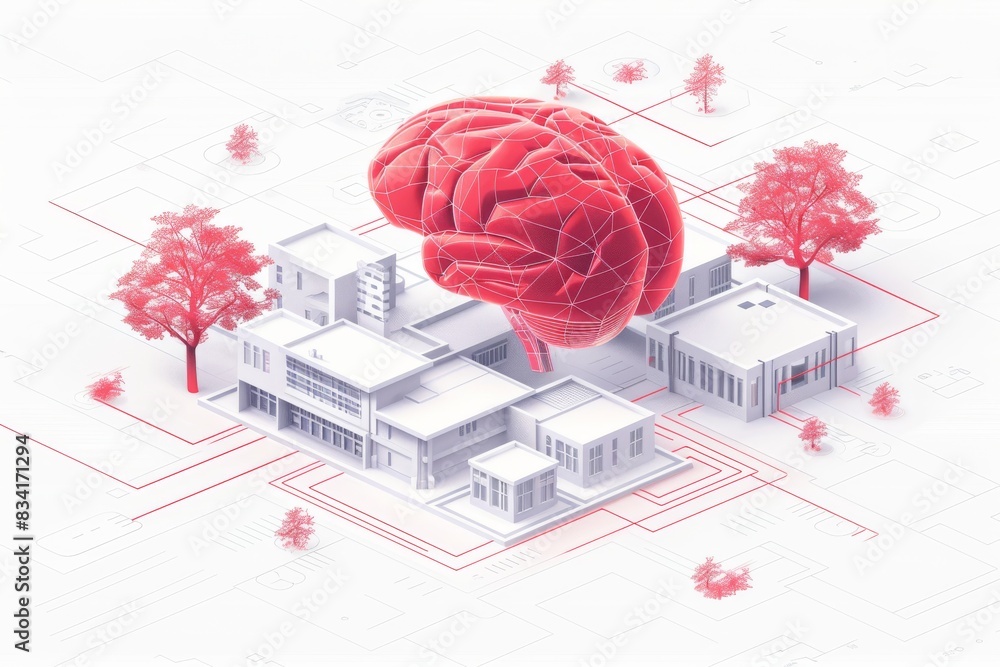Poster brain red circuit digital technology futuristic components advanced interface cybernetic ai innovati