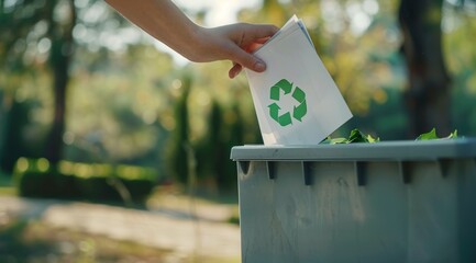 A person is throwing away a piece of paper with a green recycling symbol on it
