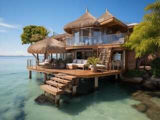 Fototapeta premium Tourists enjoy a sunny day at a tropical overwater bungalow