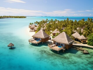 Obraz premium Tourists enjoy luxury overwater bungalows on a sunny day in the Maldives.