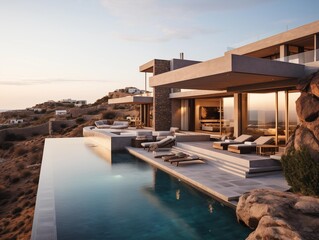 Fototapeta premium Twilight at a Luxurious Seaside Villa in Greece