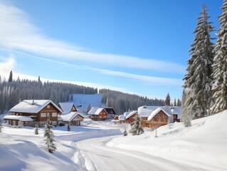 Villagers experience a serene winter morning in a snowy hamlet