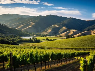 Vineyard Rows at Sunrise in a Lush Valley