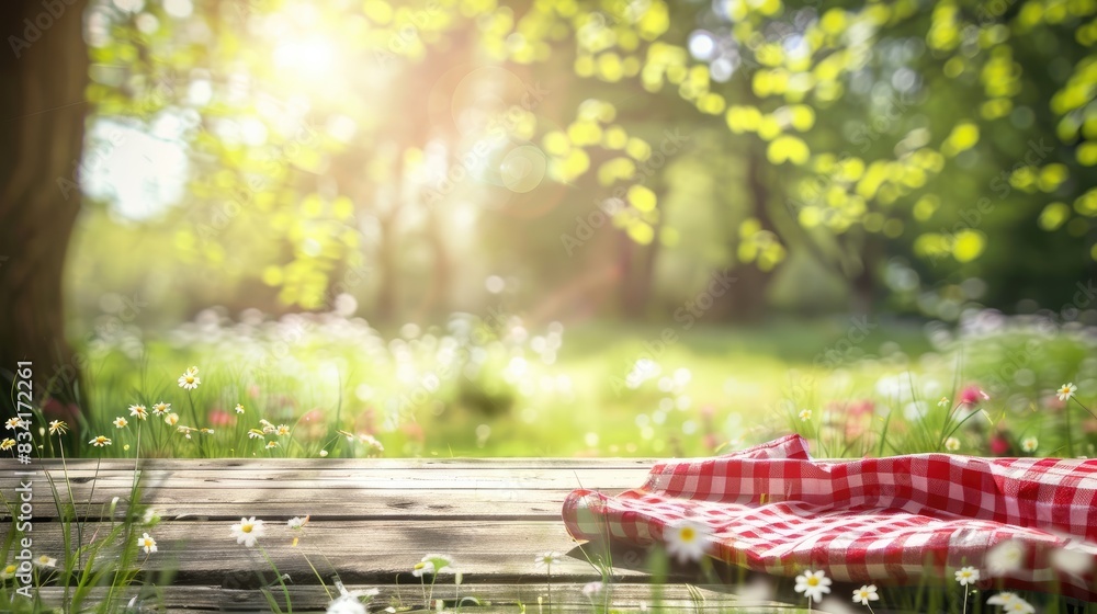 Poster product display and picnic concept with an empty rural table against a vibrant spring abstract bokeh