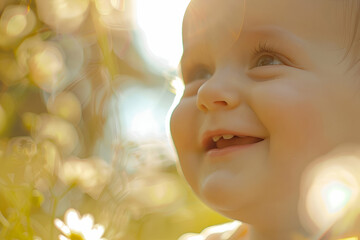 Fototapeta premium A baby smiles, holding a flower in a field, showing happiness in nature
