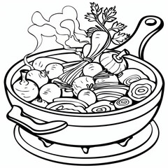 Black and white illustration of a pot filled with various vegetables, steaming and ready to be served as a stew.